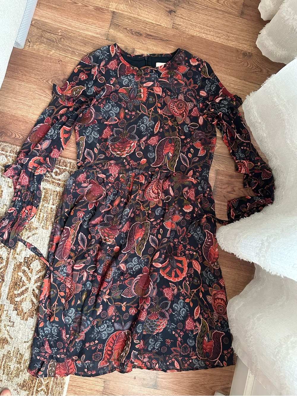 LOFT Black Floral Tiered Dress with Red and Rust Accents